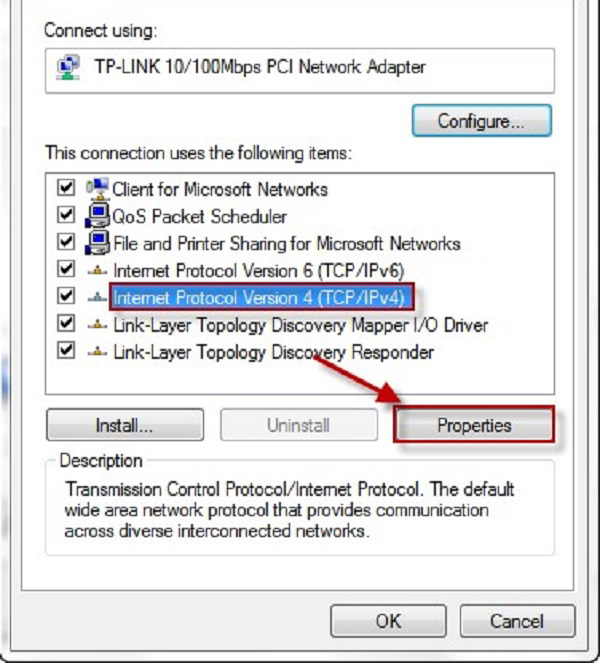 Lựa chọn Internet Protocol Version 4 (TCP/Ipv4) -> Properties