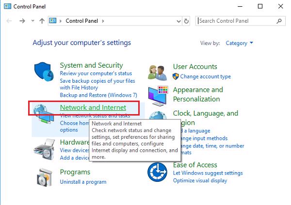 Nhấn vào Network and Internet