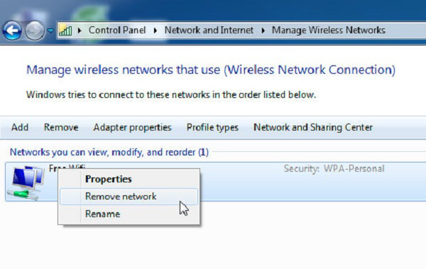 Chọn mục Remove network