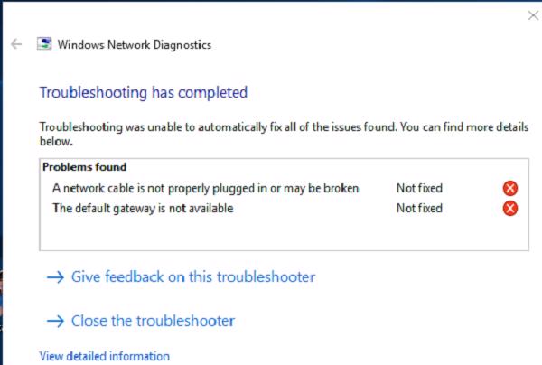 Xuất hiện thông báo lỗi A network cable is not properly plugged in or may be broken
