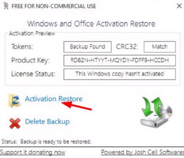 Chọn vào Activation Restore để khôi phục bản quyền