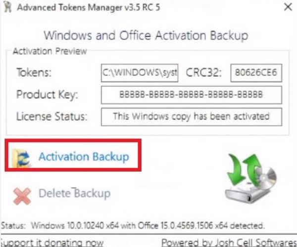 Chọn vào mục Activation Backup