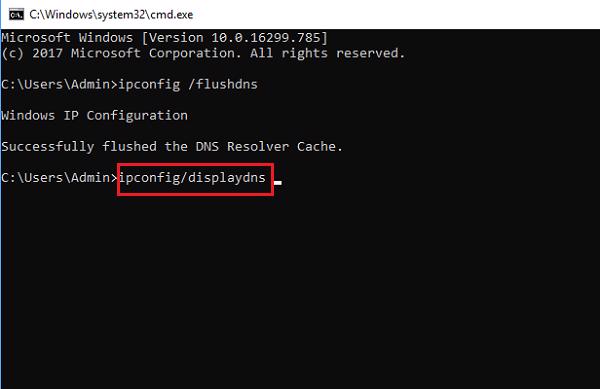 Gõ lệch ipconfig/displaydns và nhấn vào Enter