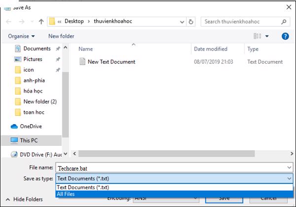 Đặt tên file là techcare.bat