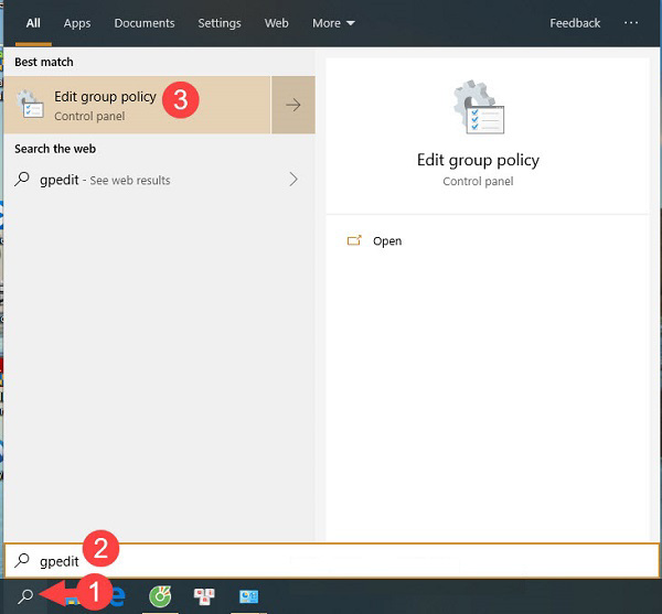 Ở ô tìm kiếm ở Windows, gõ lệnh gpedit