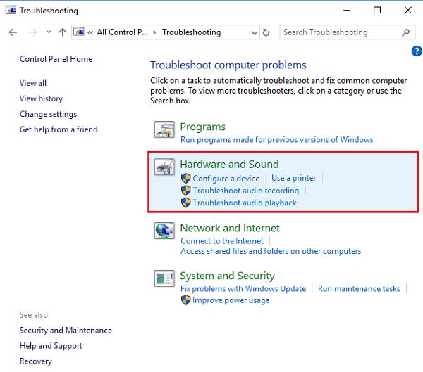 Nhấp chuột vào mục Hardware and Sound
