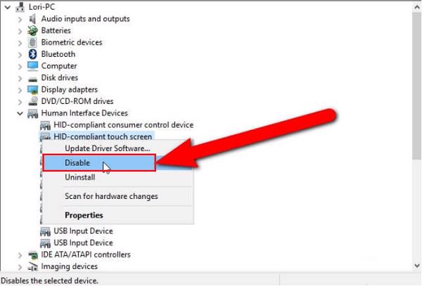 Nhấp chuột phải vào mục HID-compliant touch screen và chọn vào Disable