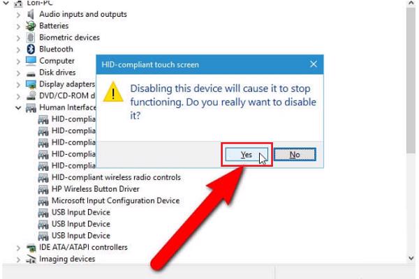 Nhấn Yes để xác nhận tắt màn hình cảm ứng