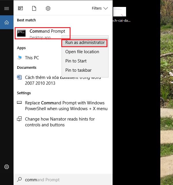 Nhấp chuột phải vào mục Command Prompt và tiếp đến chọn Run as administrator