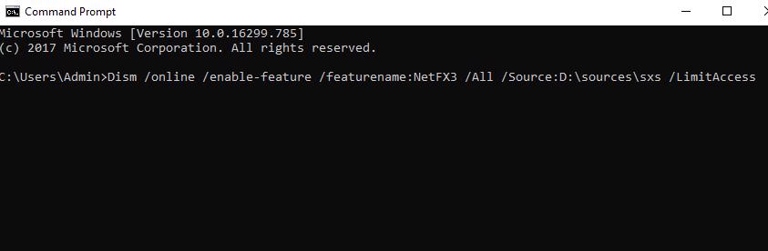 nhập vào câu lệnh sau : Dism /online /enable-feature /featurename:NetFX3 /All /Source:D:sourcessxs /LimitAccess
