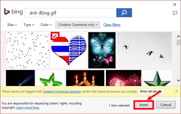 Chọn hình ảnh mình muốn chèn rồi nhấn vào Insert