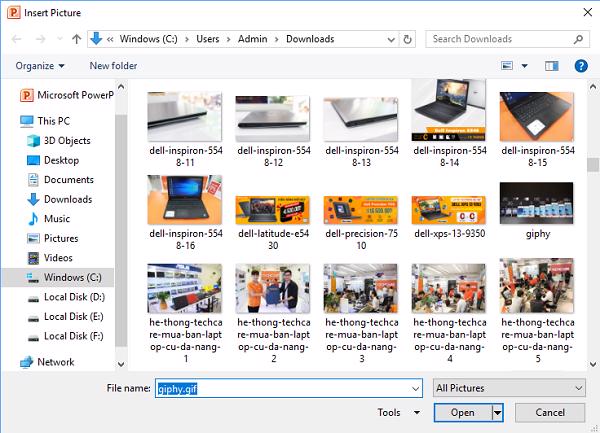 Chọn tới thư mục chứa ảnh động muốn chèn vào Powerpoint và chọn vào Insert