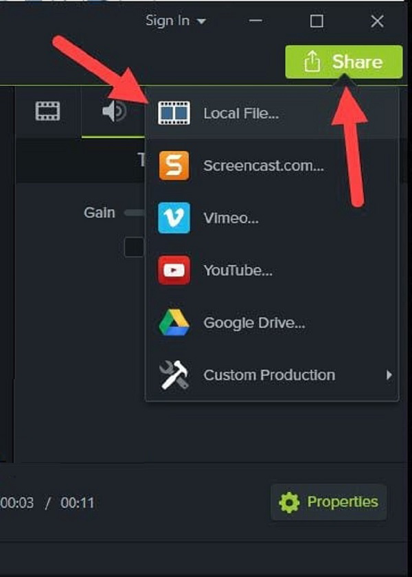 Nhấn vào Share -> lựa chọn Local File để bắt đầu tiến hành xuất file video