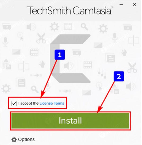 Lựa chọn tích vào I accept the License Terms và nhấn vào Install