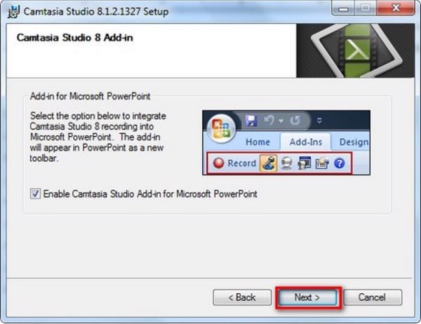 Chọn vào Enable Camtasia Studio Add-in for Microsoft PowerPoint và nhấn Next