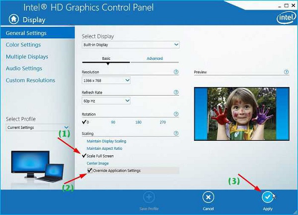 Scale Full Screen -> Override Application Settings -> Apply