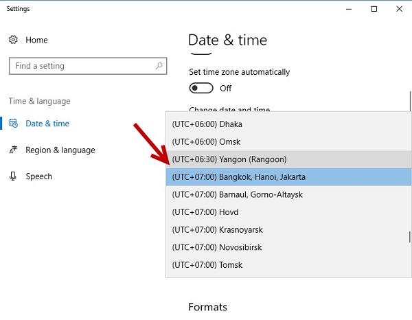 Nhấn chọn vào múi giờ UTC+7