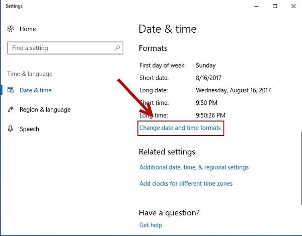 Nhấn chọn vào mục Change date and time format
