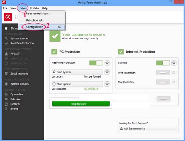 Nhấn vào mục Extras | Configurations