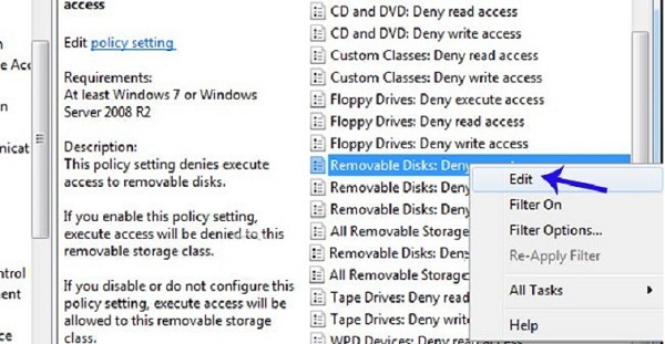 Nhấn chuột phải vào Removable Disks: Deny execute access
