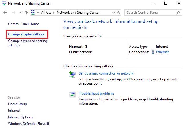 Chọn vào Change adapter settings
