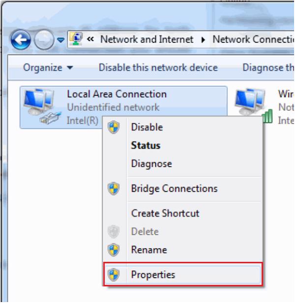 Local area connection -> nhấn chuột phải chọn Properties.