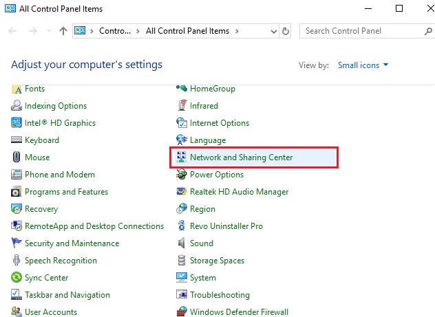 Chọn mục Networking and sharing center