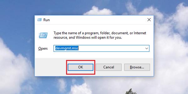 Nhập lệnh devmgmt.msc và nhấn vào Enter
