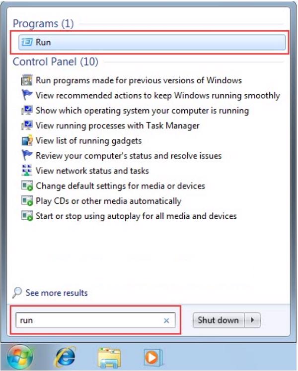 Nhấp vào biểu tượng Windows trên thanh Taskbar Start và nhập vào dòng tìm kiếm RUN
