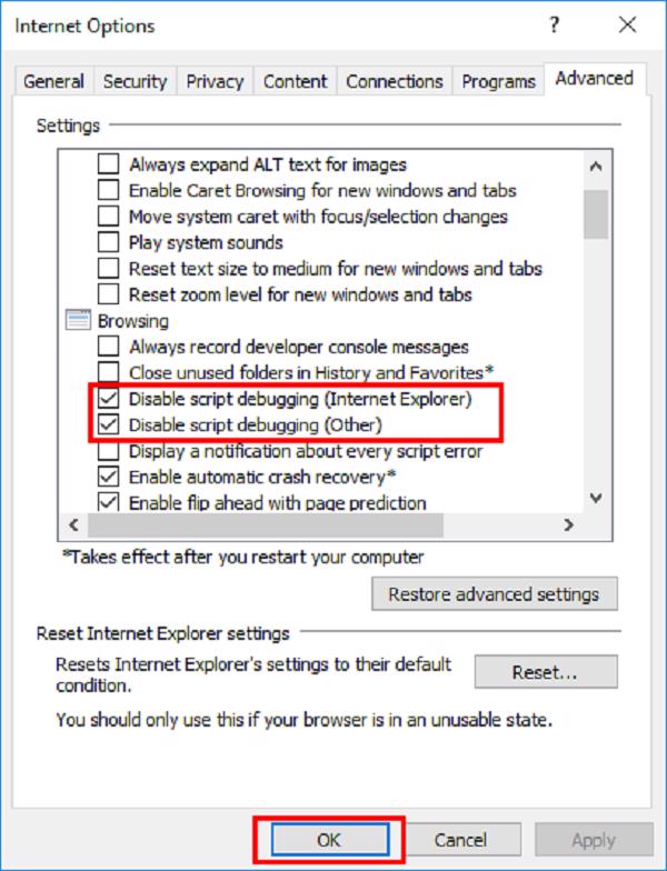 Tiếp đến Disable Script Debugging
