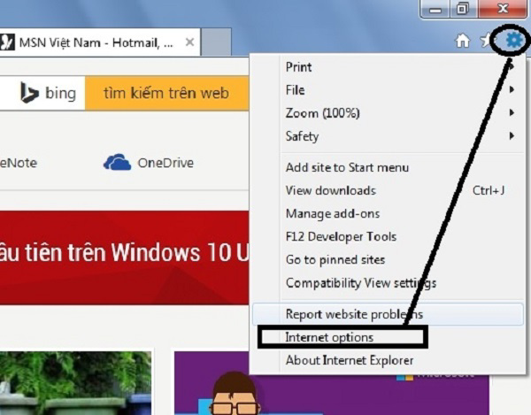 Chọn vào Internet Options