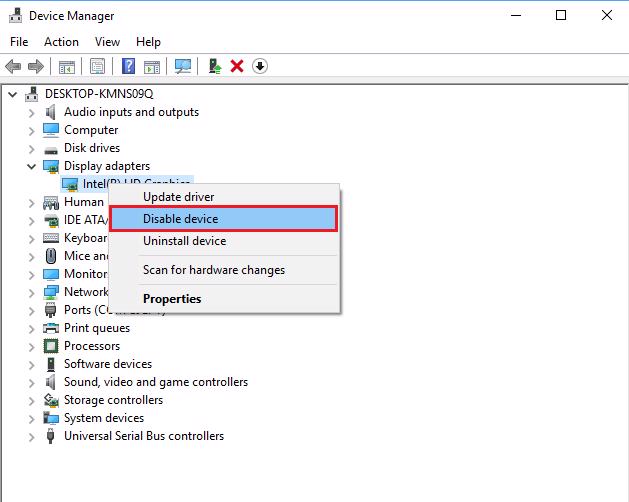 Tìm dòng Display Adapters -> chọn chuột phải vào tên của card màn hình -> Disable