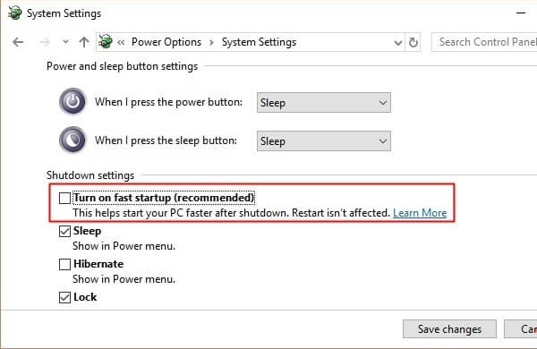 Bỏ đánh dấu ở mục Turn on fast startup