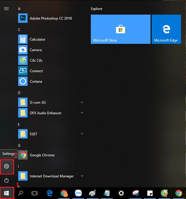Nhấn vào Start rồi sau đó chọn Setting