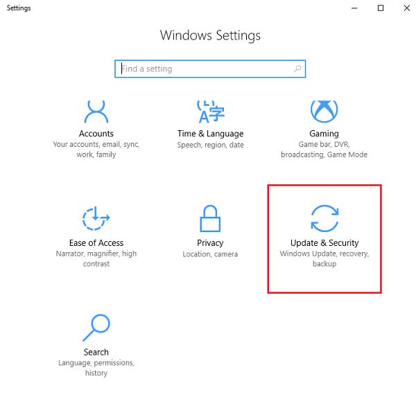 Chọn vào mục Update & Security