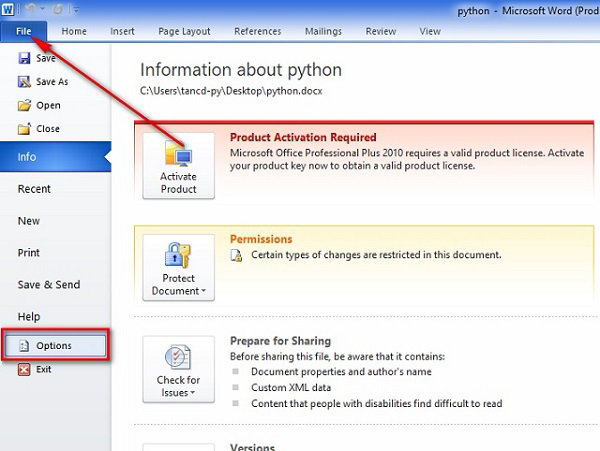 Nhấn vào File chọn Options