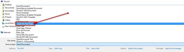 Chuyển sang định dạng Single File Web Page