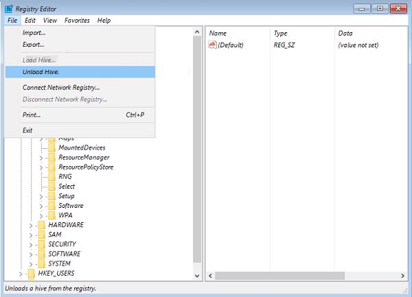 Ở danh sách khung phía bên trái rồi chọn File -> Unload hive