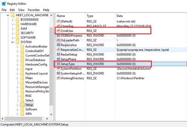 Thay đổi giá trị thông số của SetupType DWORD là 0
