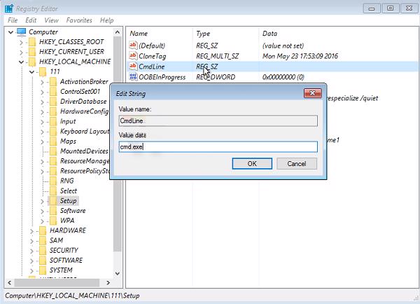 Chỉnh sửa thông số cmdline và thiết lập là cmd.exe