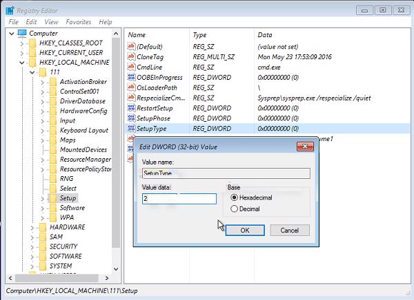 Thay đổi giá trị thông số của SetupType DWORD thành 2