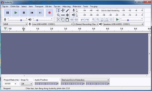 Giao diện làm việc của phần mềm Audacity