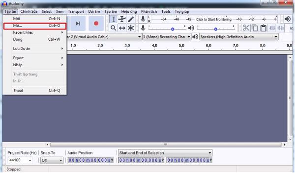 Nhập một file nhạc vào phần mềm Audacity