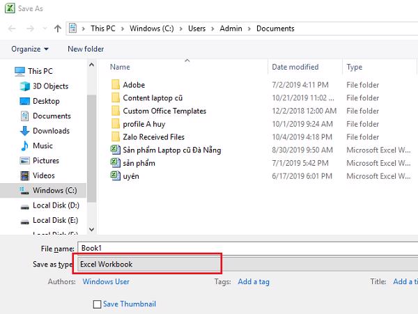 Lưu file Excel Workbook