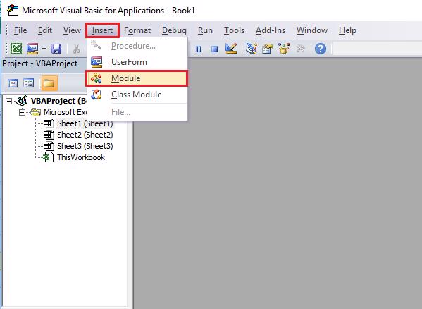 Chọn vào Insert và chọn Module
