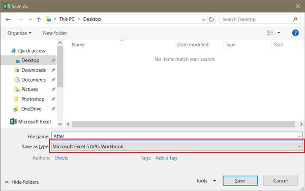 Lưu file bảng tính dưới dạng Microsoft Excel 5.0/95 Workbook