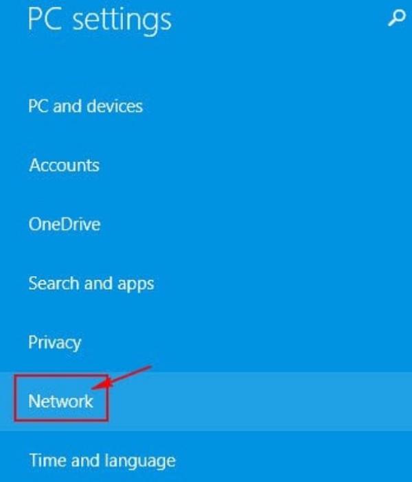 Nhấn Network trong danh sách cài đặt ở mục PC Settings