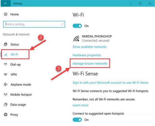 Chọn mục Wifi, nhấn vào Manage known networks