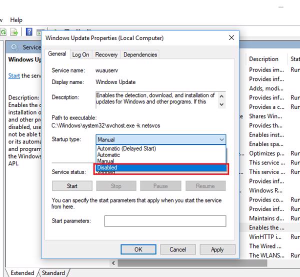 Tại tab Garenal -> mục Startup type -> chọn vào Disables