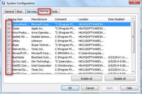 Bỏ tích các ô ứng dụng mà mình không muốn nó chạy